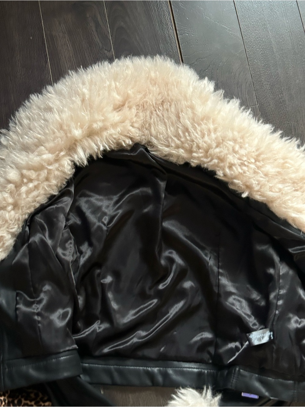 Dolls Kill Black Faux Leather Jacket with Cream Faux Fur Collar and Cuffs - Picture 7 of 11
